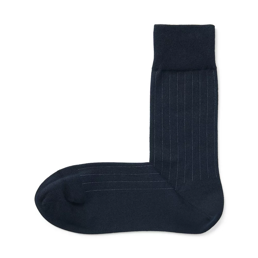【MUJI 無印良品】男棉混商務直角襪25-27cm 暗藍直紋