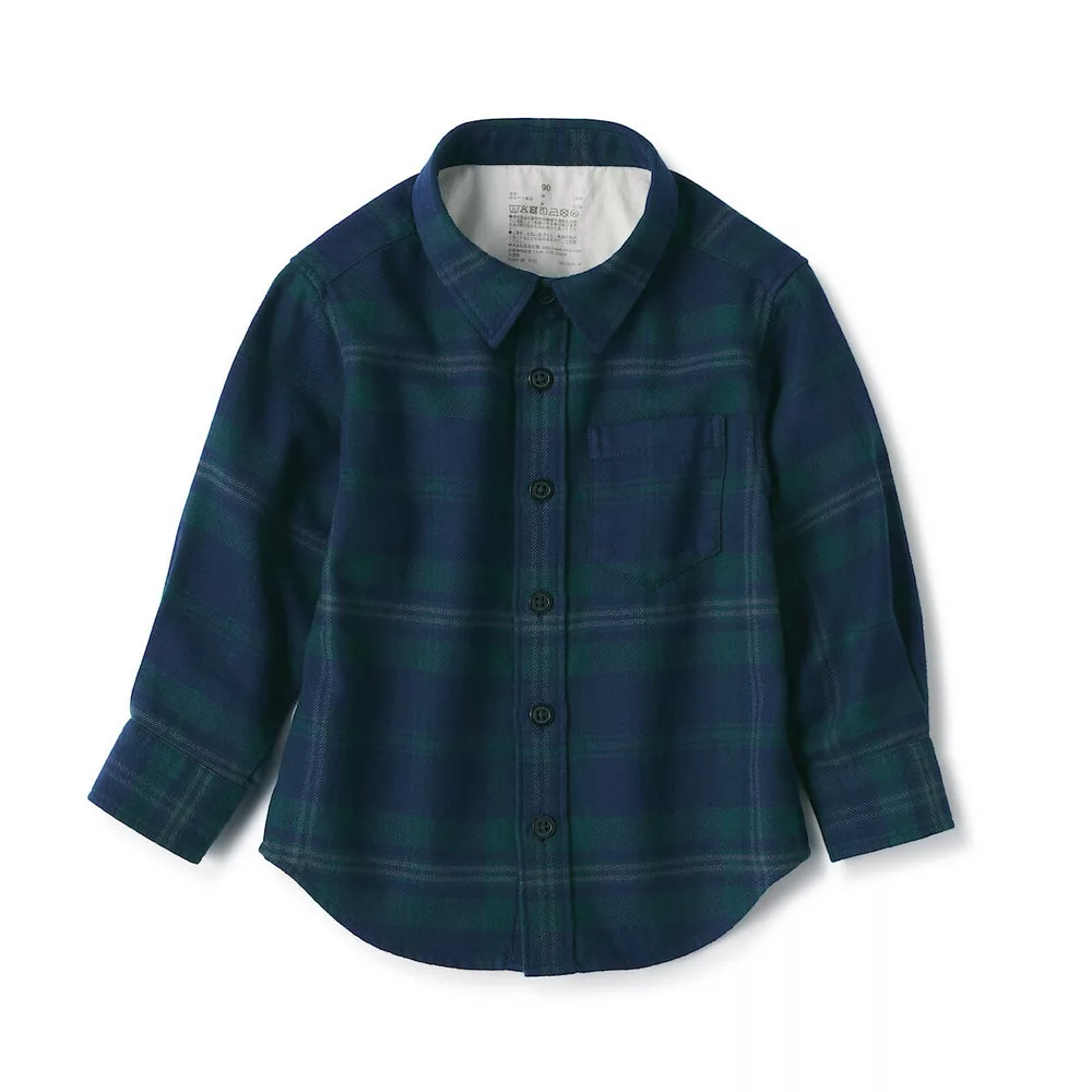 【MUJI 無印良品】幼兒雙面起毛法蘭絨長袖襯衫 90 深綠格紋