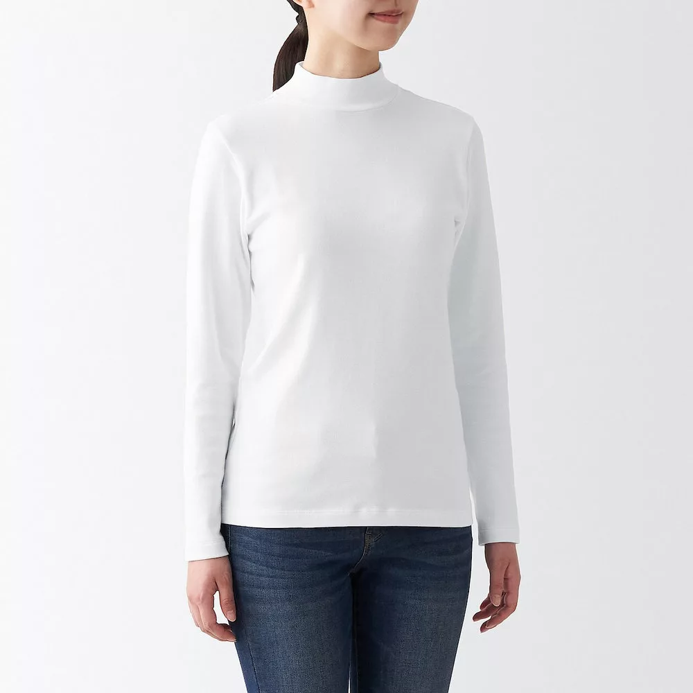 【MUJI 無印良品】女有機棉混彈性針織半高領長袖T恤 M 白色