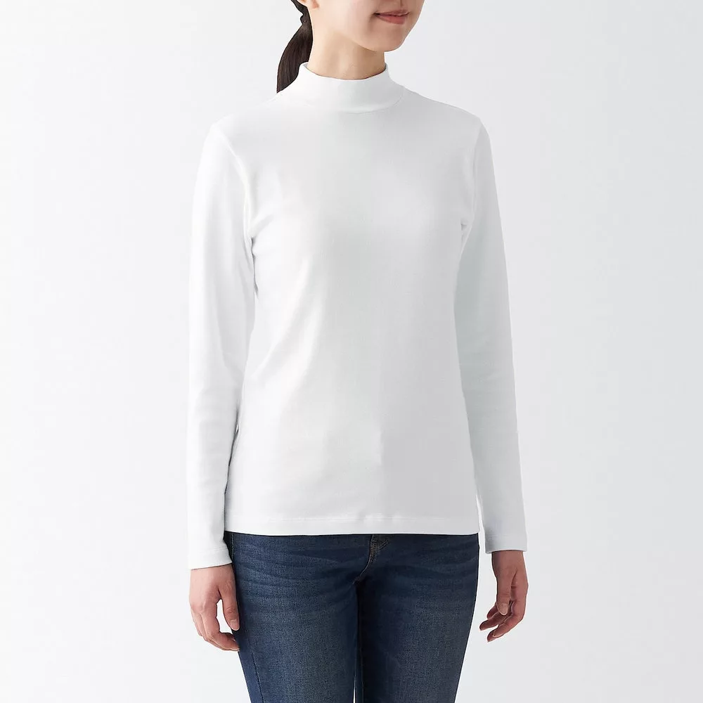 【MUJI 無印良品】女有機棉混彈性針織半高領長袖T恤 XL 白色