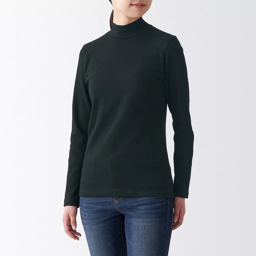【MUJI 無印良品】女有機棉混彈性針織半高領長袖T恤 XL 黑色