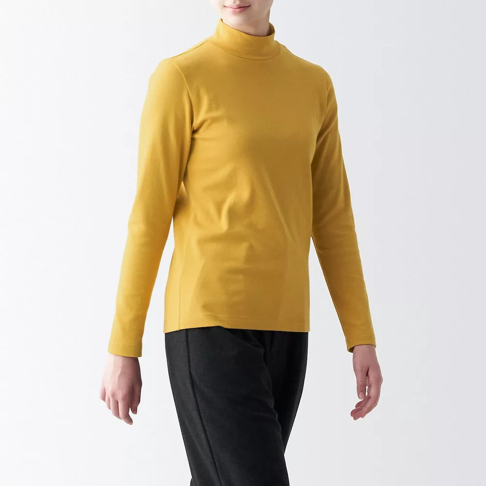 【MUJI 無印良品】女有機棉混彈性針織半高領長袖T恤 L 黃色