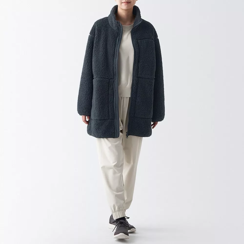 【MUJI 無印良品】女聚酯纖維防風刷毛大衣 XL 深灰