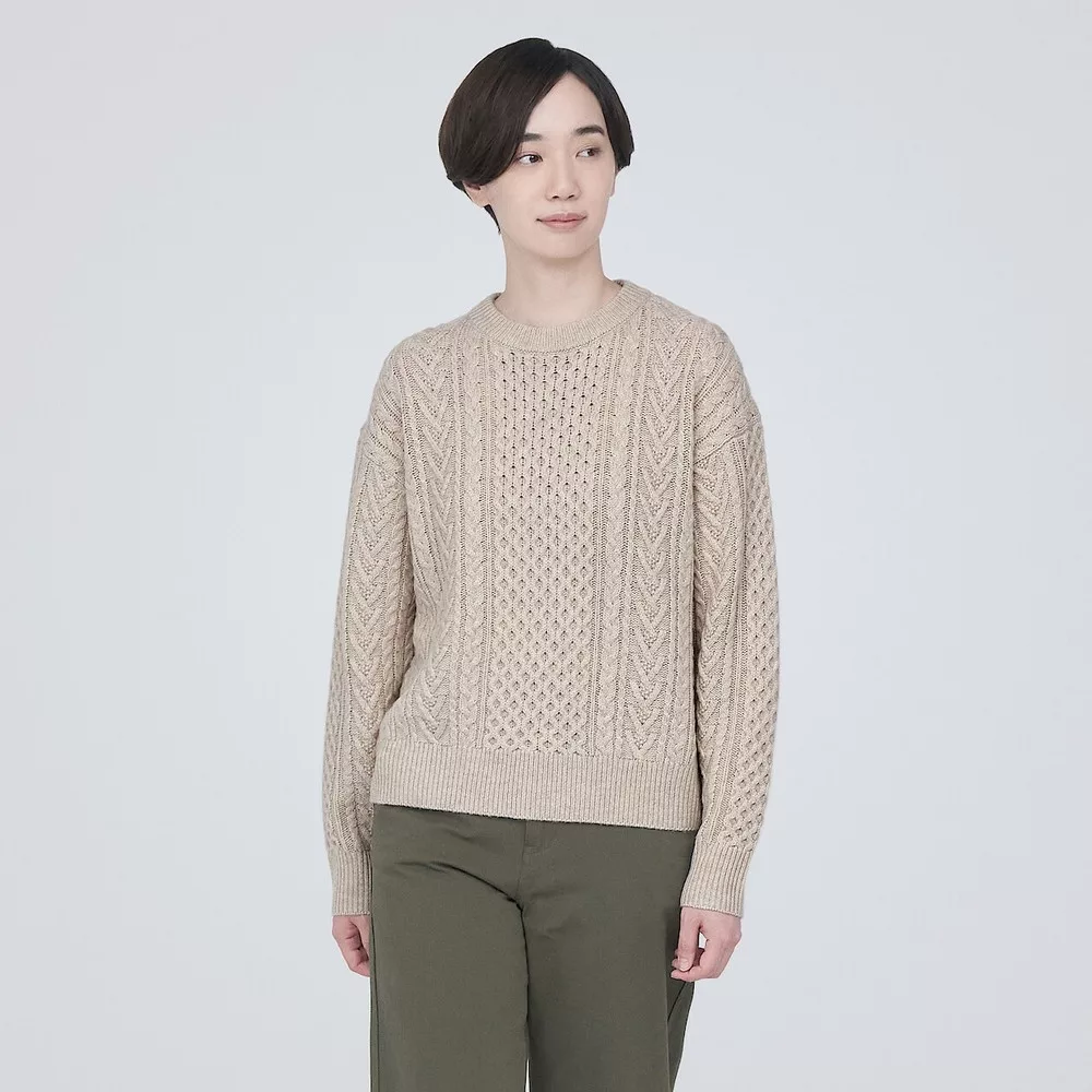 【MUJI 無印良品】女美麗諾羊毛麻花織紋圓領針織衫 XL 粉米
