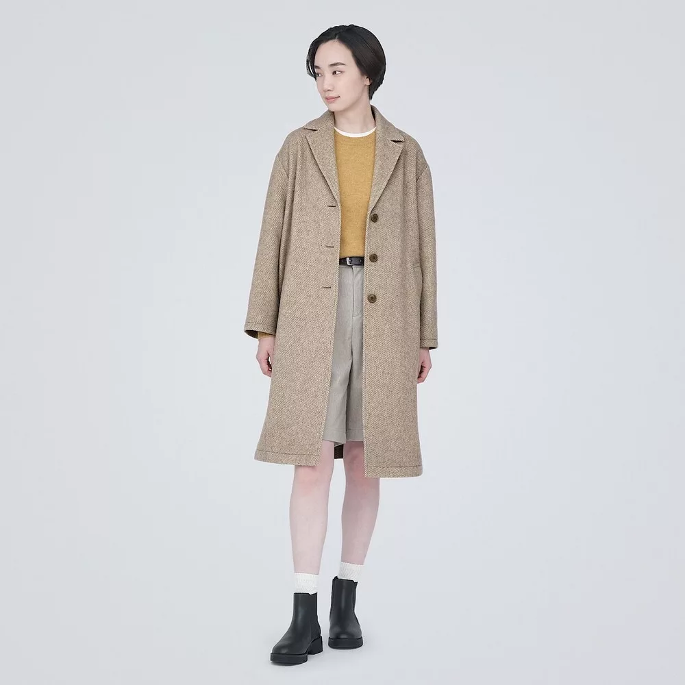 【MUJI 無印良品】女再生羊毛混西裝式大衣 M 淺米
