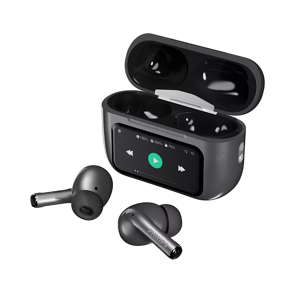 PHILIPS TAT2630 觸控螢幕藍牙耳機｜懶人專屬的智慧耳機， 1 秒切，一切更快！ 槍色金屬