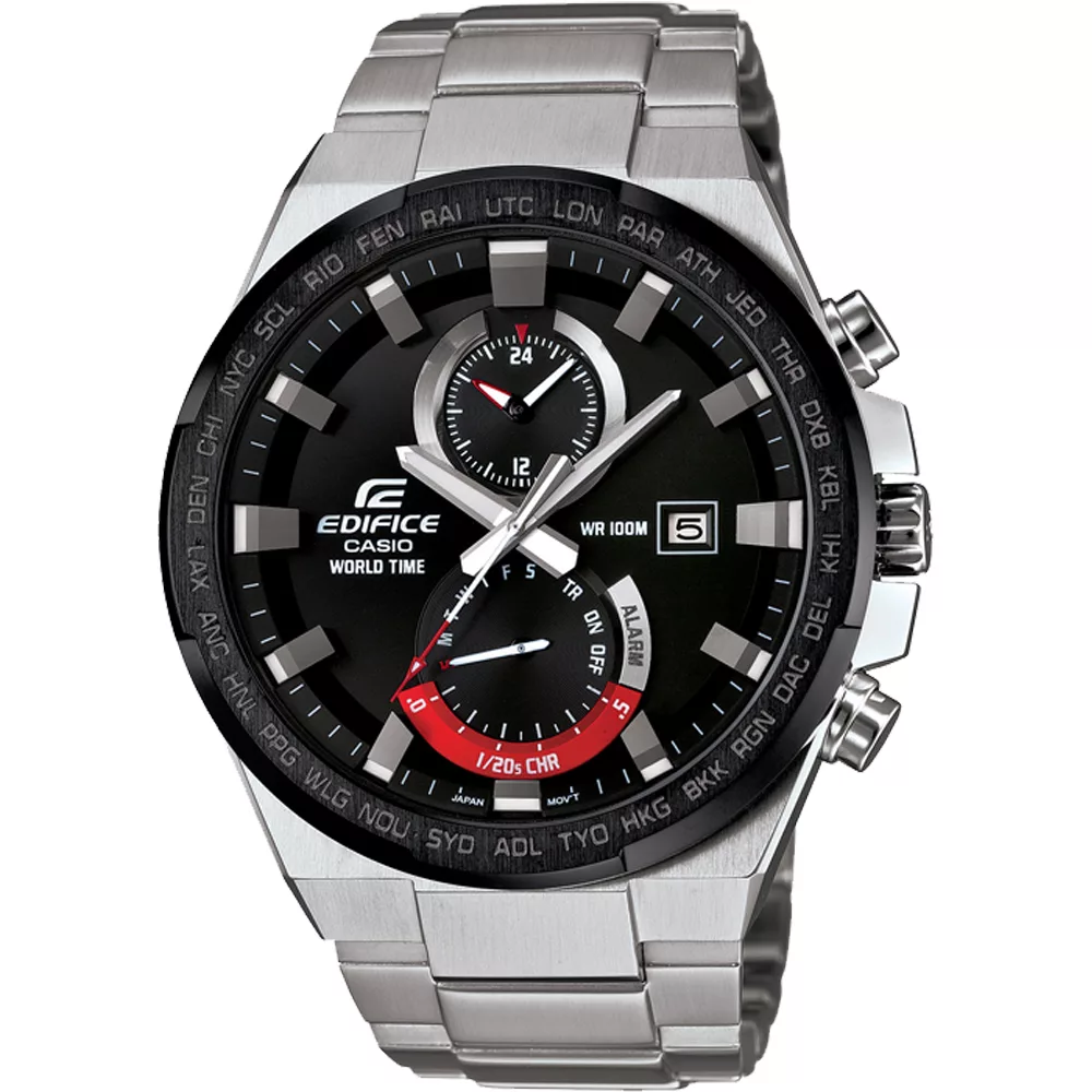 CASIO EDIFICE系列 急速飄移三眼計時賽車腕錶-黑框x銀
