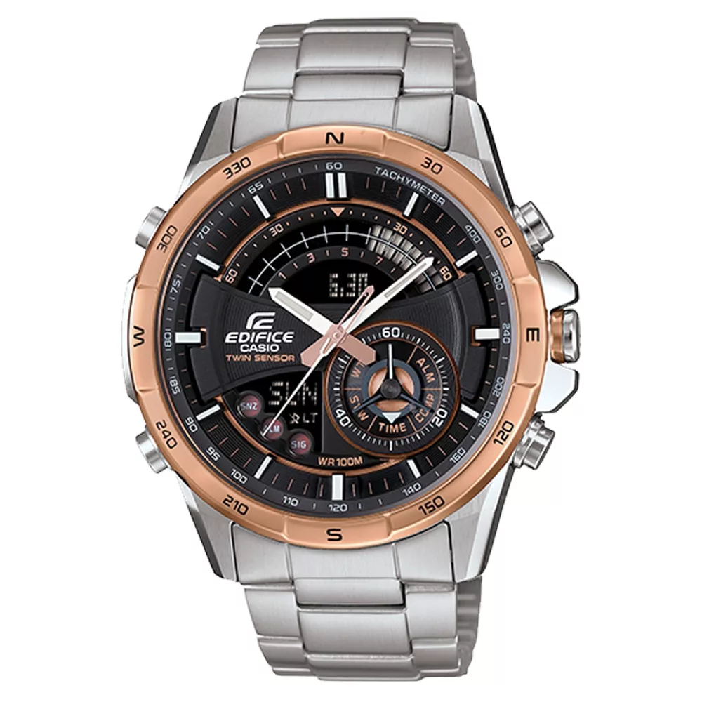 CASIO EDIFICE 強大革新雙顯都會腕錶-玫瑰金框黑x銀