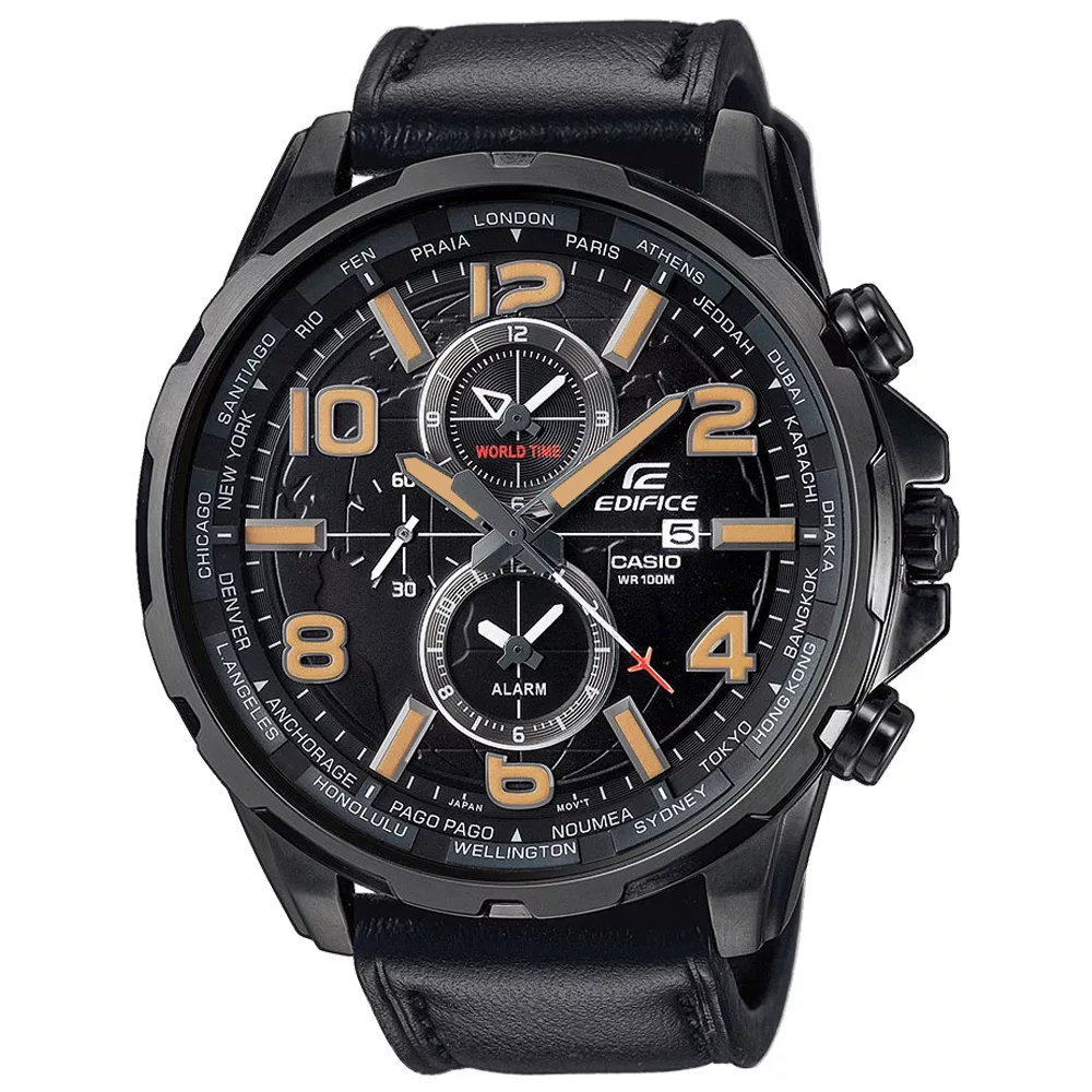 CASIO EDIFICE 環繞列國雙眼賽車錶-棕字黑x皮帶