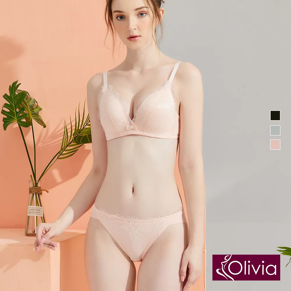 【Olivia】無鋼圈蕾絲集中內衣+褲套組-32/70B膚色