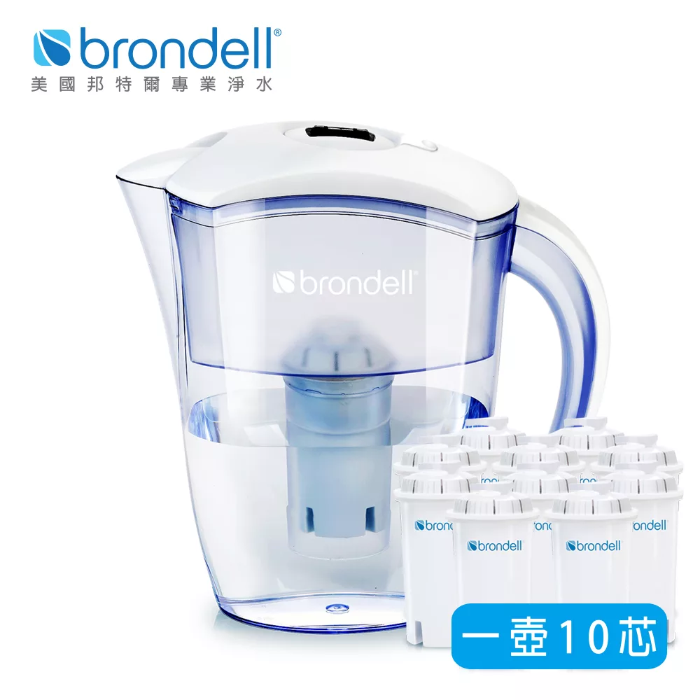【Brondell】美國邦特爾 H2O+ 純淨濾水壺 （白）＋八周長效濾芯（10入）