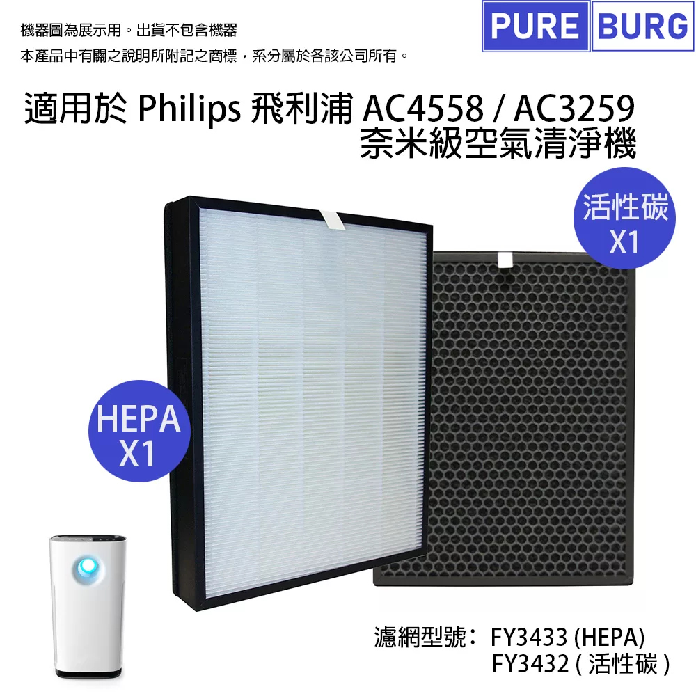 適用PHILIPS飛利浦 AC4558 AC3259空氣清機 副廠濾網組HEPA+活性碳(FY3433+FY3432)