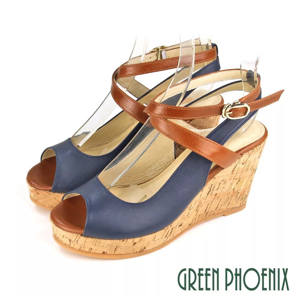 【GREEN PHOENIX】女 涼鞋 魚口 交叉 繞踝 側扣 楔型 台灣製 US6.5 藍色
