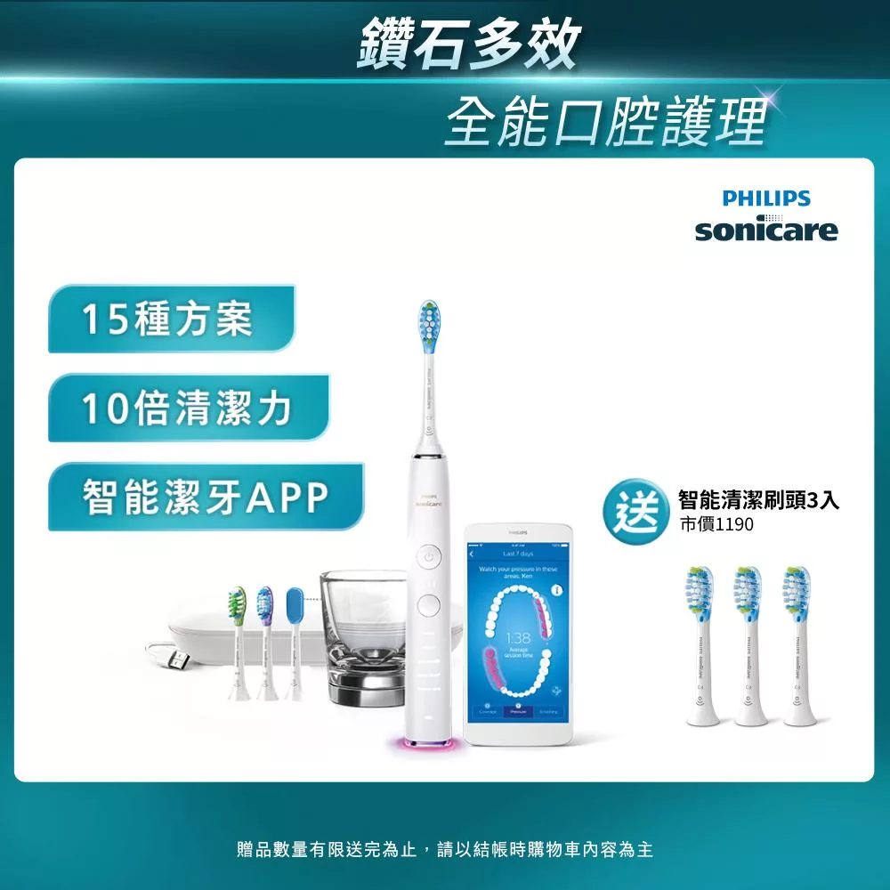 【Philips飛利浦】Sonicare Smart 鑽石靚白智能音波震動牙刷/電動牙刷(HX9924/02)+加碼送 智能刷頭6入+Godiva片裝巧克力+飲品兌換券 晶鑽白