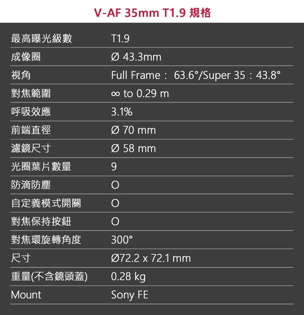 SAMYANG V-AF 35mm T1.9 - 詳情5