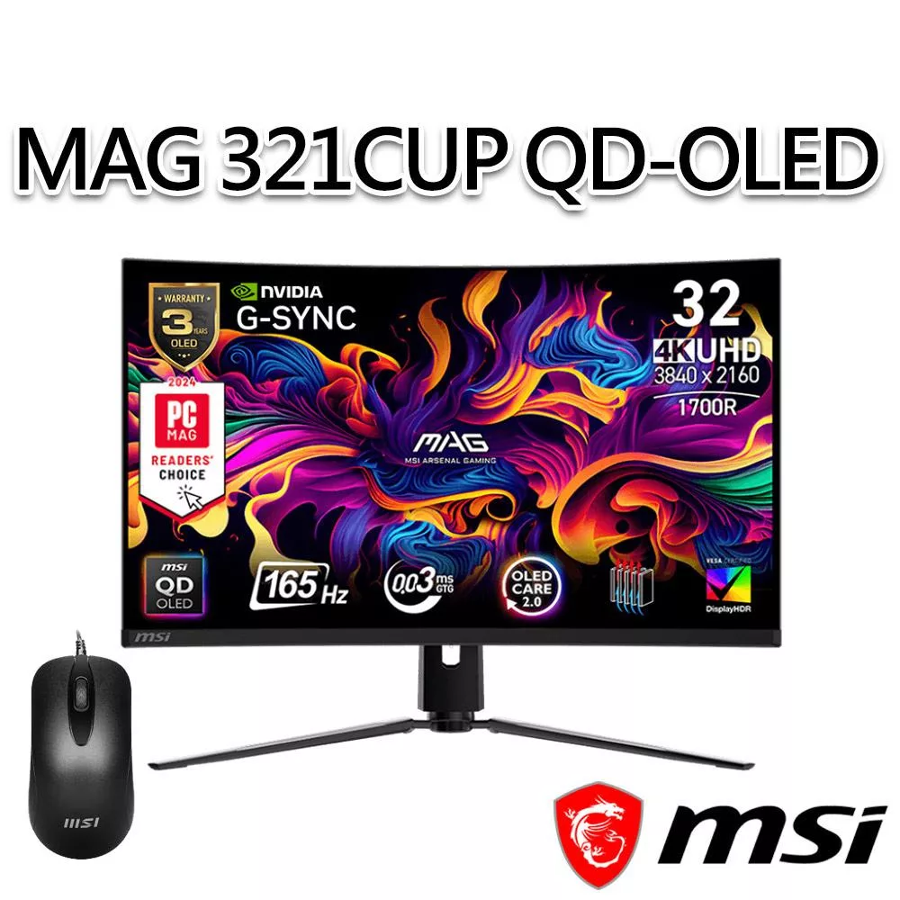 【滑鼠組】msi微星 MAG 321CUP QD-OLED 31.5吋 曲面電競螢幕 (31.5"/3840x2160/16:9/165Hz/曲面)