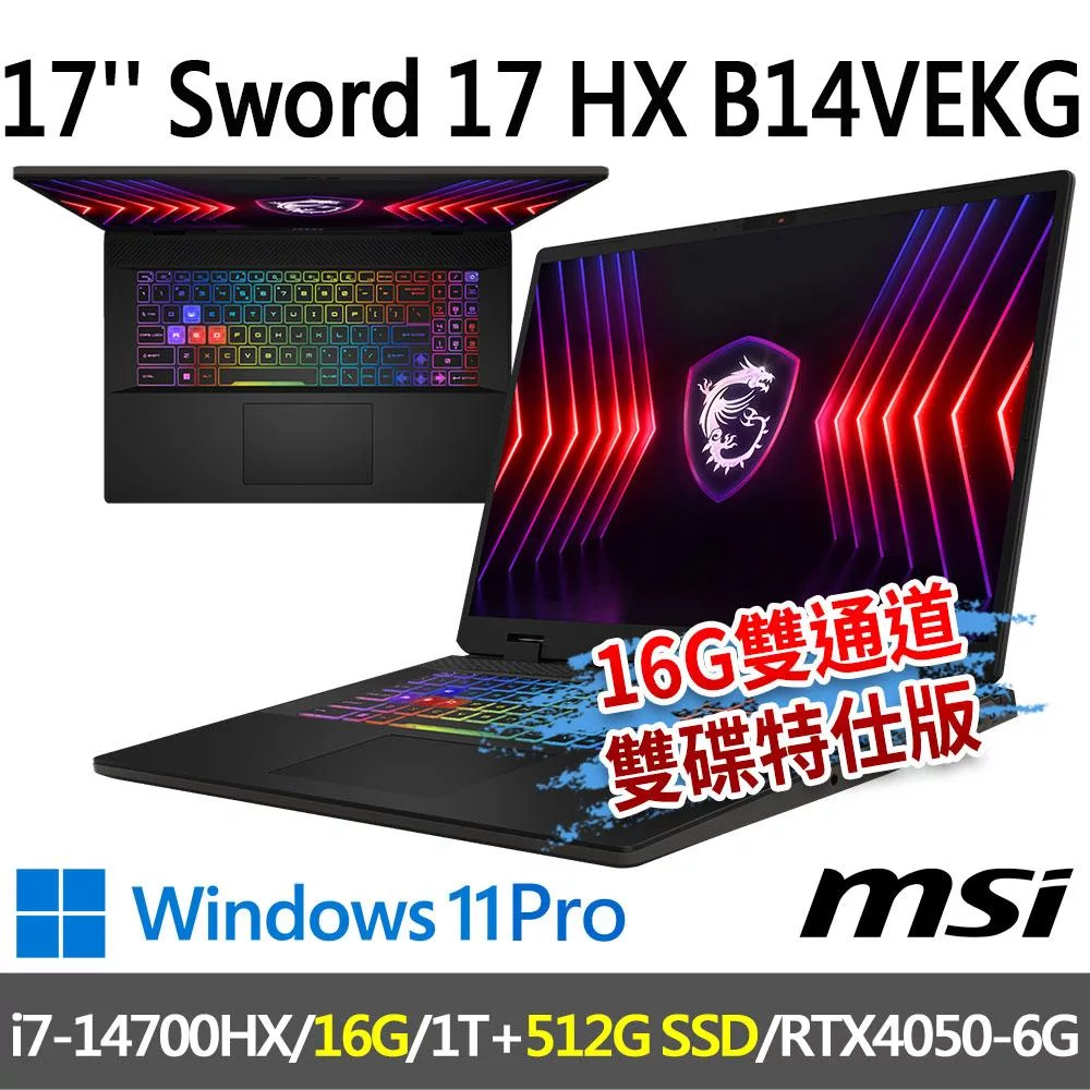 ★硬碟升級★msi微星 Sword 17 HX B14VEKG-283TW 17吋 電競筆電 (i7-14700HX/16G/1T+500G/RTX4050/W11P)