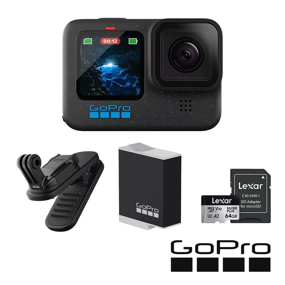 【GoPro】HERO12  Black CE創作者全方位攝影套組 (HERO12 創作者+磁吸旋轉夾+Enduro原廠充電電池+64G記憶卡) 公司貨