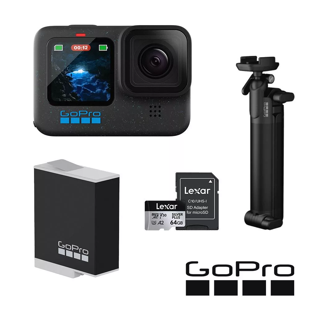 【GoPro】HERO12  Black CE創作者三向輕裝套組 (HERO12 創作者+三向多功能自拍桿2.0+腳架+原廠充電電池+64G記憶卡) 公司貨