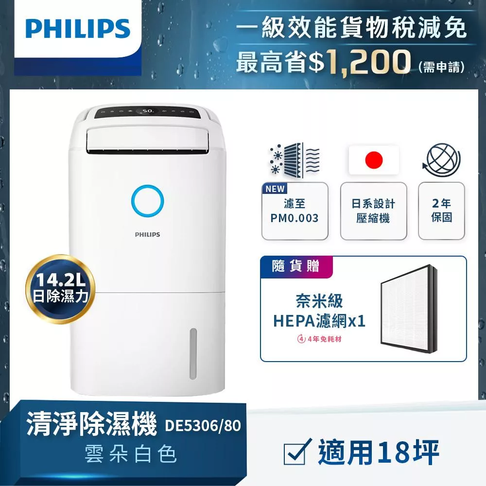 【飛利浦 PHILIPS】DE5306/80 14.2L抗敏清淨除濕機-雲朵白