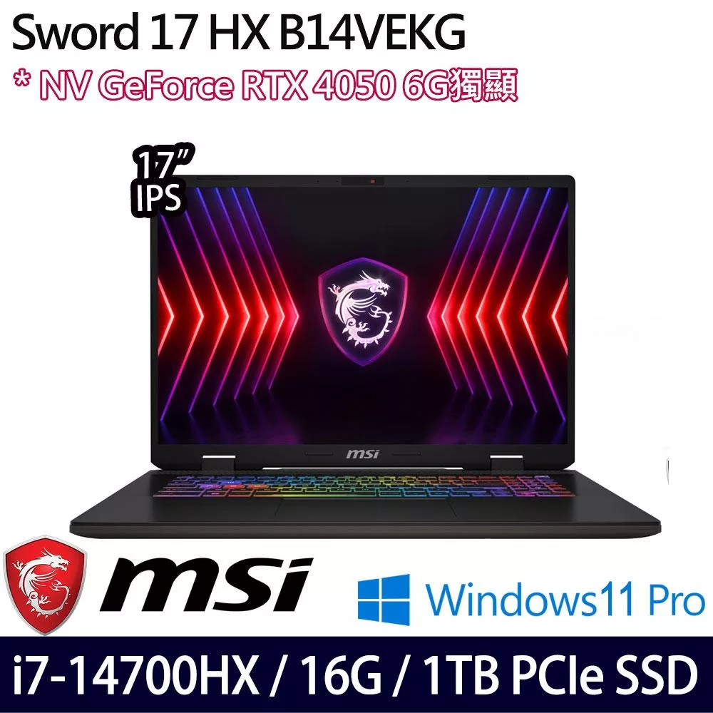 MSI 微星 Sword 17 HX B14VEKG-283TW 17吋 電競筆電 (i7-14700HX/16G/1TB/RTX4050/W11P/3年保)