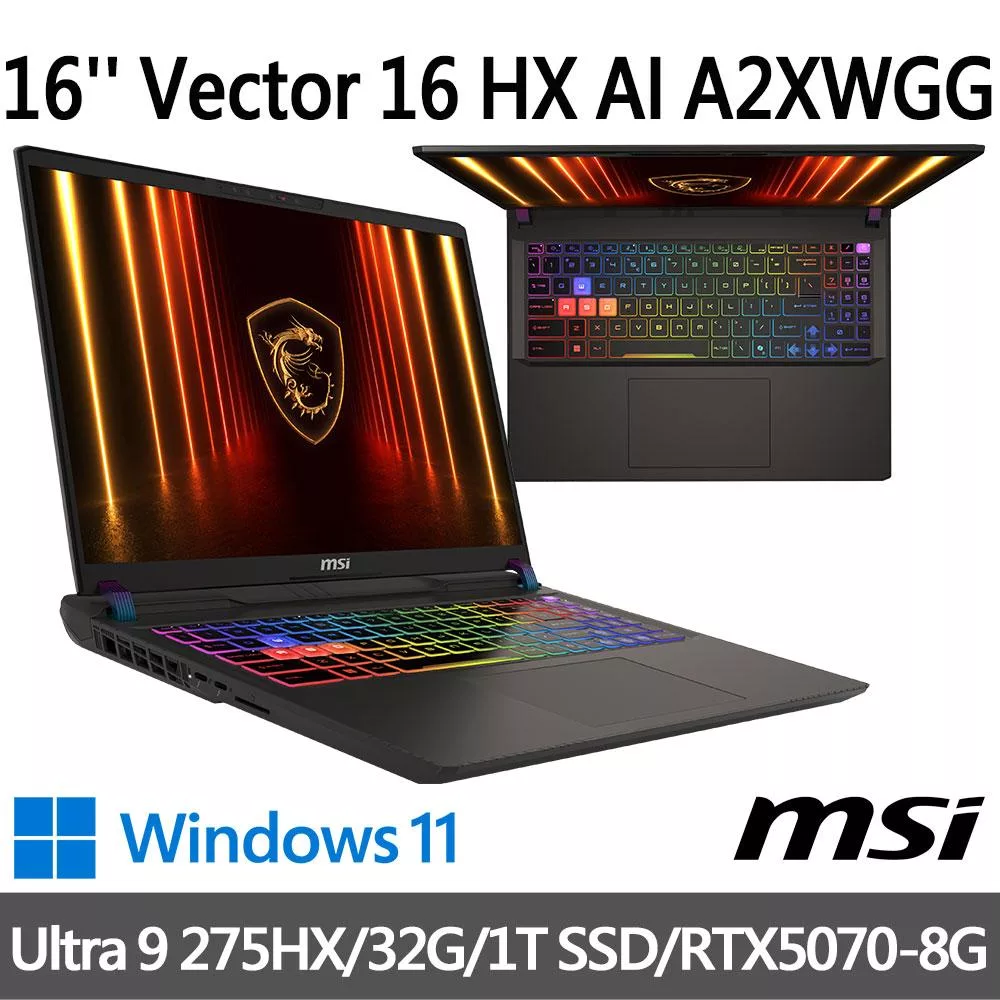 msi微星 Vector 16 HX AI A2XWGG-008TW 16吋 電競筆電 (Ultra 9 275HX/32G/1T SSD/RTX5070-8G/W11)