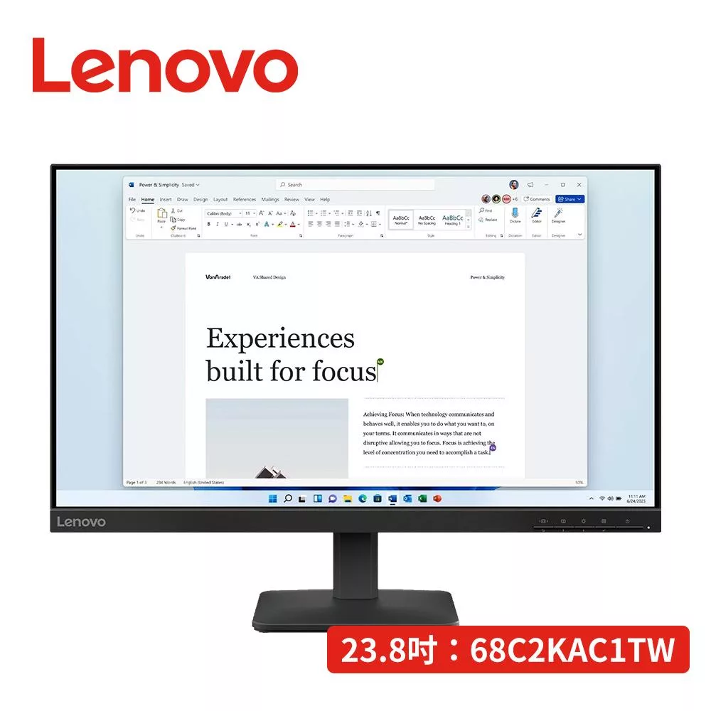Lenovo 23.8吋 L24-4e 平面顯示器 68C2KAC1TW  黑