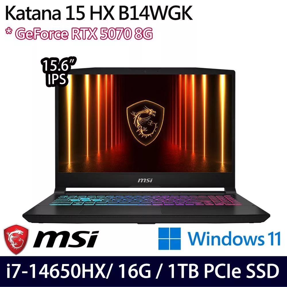 MSI 微星 Katana 15 HX B14WGK-609TW 15.6吋 電競筆電 (i7-14650HX/16G/1TB/RTX5070/W11/2年保)