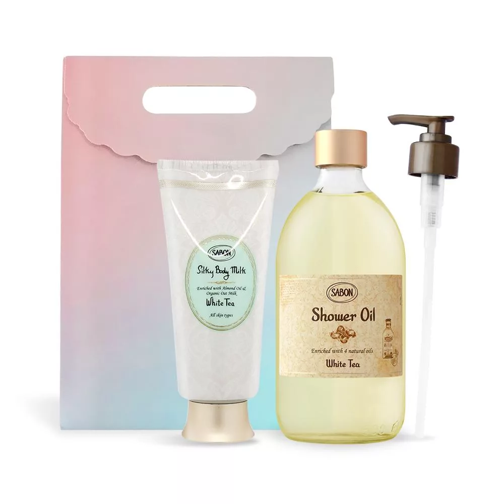 SABON 絲綢Q彈肌必備組[沐浴油500ml+絲綢身體乳液200ml]-多味道可選-國際航空版 白茶
