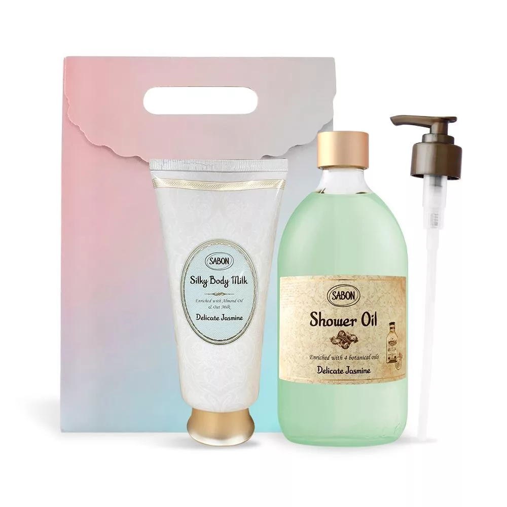 SABON 絲綢Q彈肌必備組[沐浴油500ml+絲綢身體乳液200ml]-多味道可選-國際航空版 茉莉花語