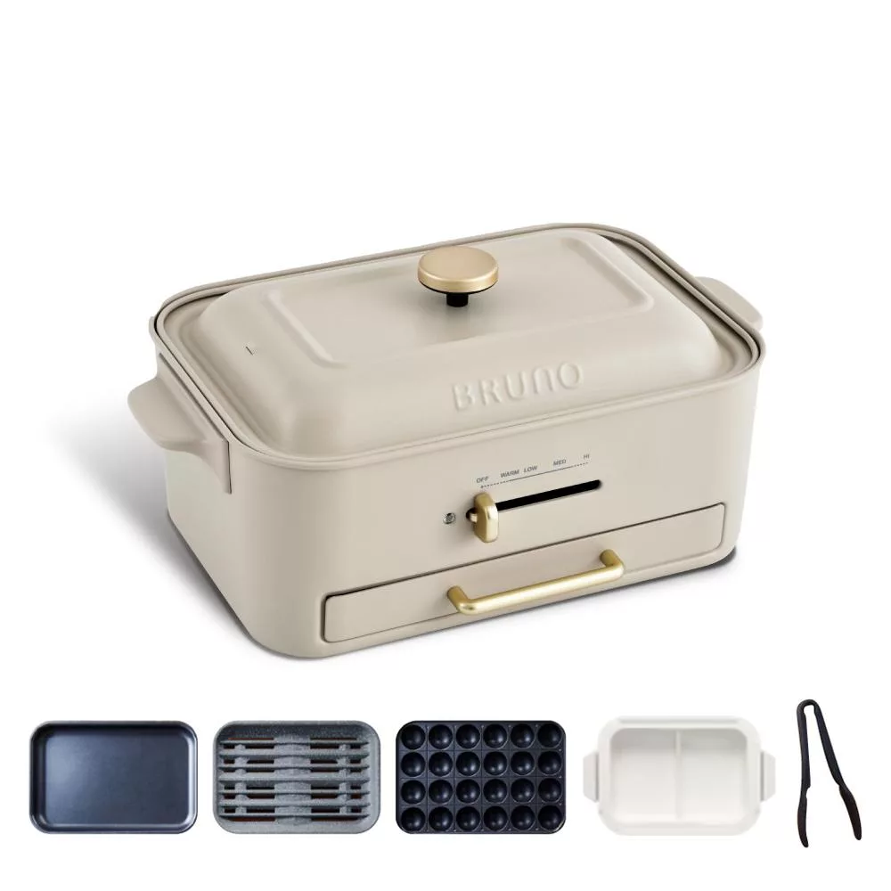 【日本BRUNO】無煙多功能電烤盤 BOE109 火烤多用組(附陶瓷鴛鴦鍋、減煙烤盤、平面烤盤、章魚燒烤盤、耐熱夾) -杏子灰