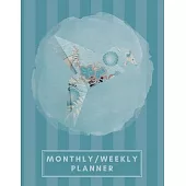 Monthly/Weekly Planner: Striped Teal Blue Japanese Origami Bird Weekly Planner + Monthly Calendar Views 12 Month Agenda Planner Gift For Bird