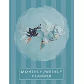 Monthly/Weekly Planner: Striped Teal Blue Japanese Origami Fish Weekly Planner + Monthly Calendar Views 12 Month Agenda Planner Gift For Fish