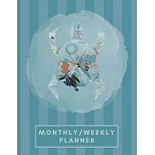 Monthly/Weekly Planner: Striped Teal Blue Japanese Origami Turtle Weekly Planner + Monthly Calendar Views 12 Month Agenda Planner Gift For Tor