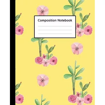 Composition Notebook: Cute Yellow Colour Watercolor Cactus Pattern Cover, 110 Pages 7.5＂x9.25＂ College Wide Ruled Paper Notebook Journal, Bl