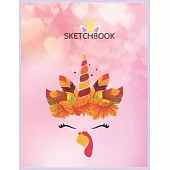 SketchBook: Unicorn Turkey Face Thanksgiving Outfit Autumn For Girl Kids Unicorn Blank Unlined SketchBook for Kids and Girls XL Ma