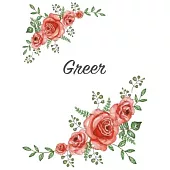 Greer: Personalized Notebook with Flowers and First Name - Floral Cover (Red Rose Blooms). College Ruled (Narrow Lined) Journ