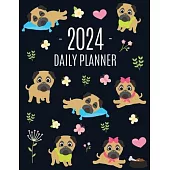 Pug Planner 2024: Funny Tiny Dog Monthly Agenda January-December Organizer (12 Months) Cute Canine Puppy Pet Scheduler with Flowers & Pr