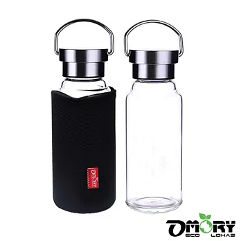 【OMORY】水晶玻璃隨身水瓶(附套)-550ml(2色)黑