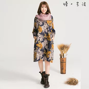 【慢。生活】秋風印花棉麻連身裙-F FREE藍