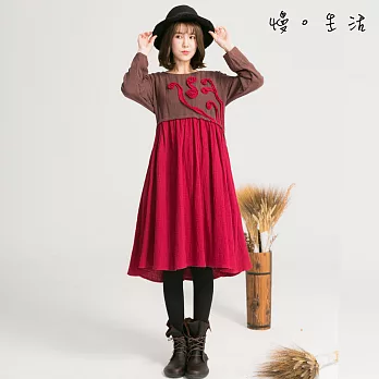 【慢。生活】立體貼花高腰連身裙(2色)-F FREE紅