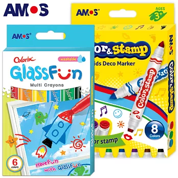 韓國AMOS 6色玻璃蠟筆+8色印章彩色筆套組優惠(台灣總代理公司貨)