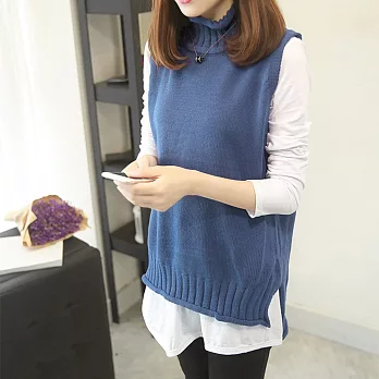 【MsMore】韓國素色修身上衣毛織背心顯瘦2件超值套裝組100911F藍色