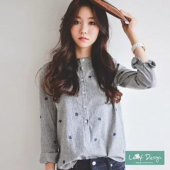 【LEAF DESIGN】韓版學院風立領刺繡襯衫M藍