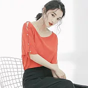 【MsMore】韓款珍珠五分袖設計針織上衣101811F橘紅