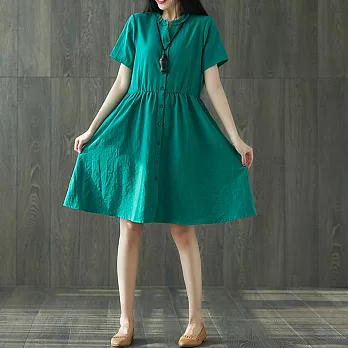 【A.Cheter】棉麻感顯瘦短袖A字中長款襯衫式洋裝101990L綠