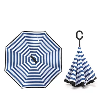 【生活良品】C型雙層手動反向雨傘-條紋藏青色 條紋款深藍藏青色