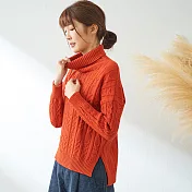 【慢。生活】翻捲高領緹花針織毛衣 681　FREE橘色