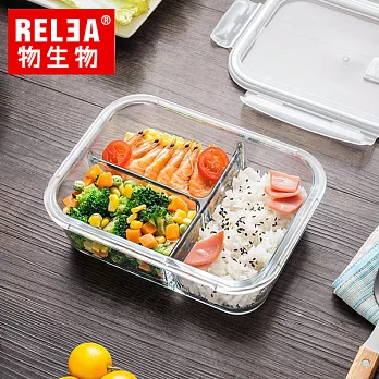 【香港RELEA物生物】1040ml三分隔耐熱玻璃微波保鮮盒