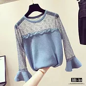 【Jilli~ko】蕾斯喇叭袖拼接針織衫 J6989 FREE藍色